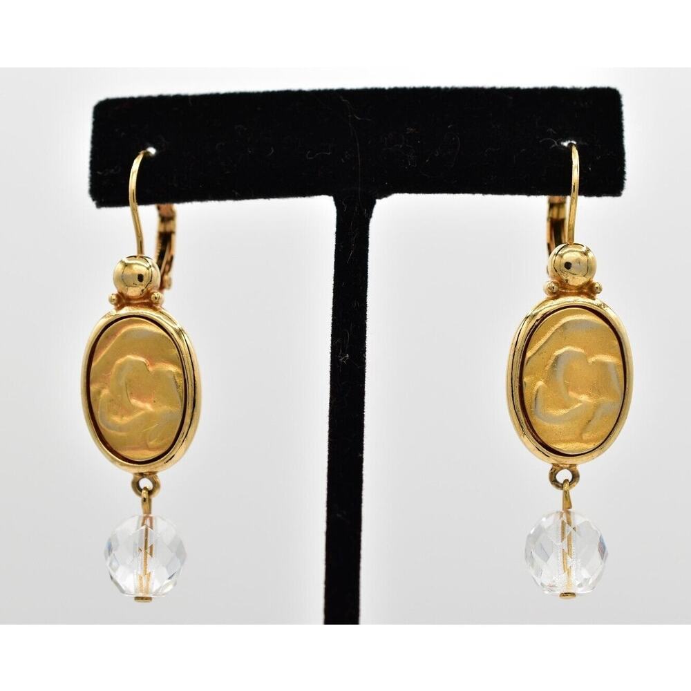 Rosa Flores Vintage Earrings Brushed Gold Dangle Crystal Signed 1980s 80s BinBB